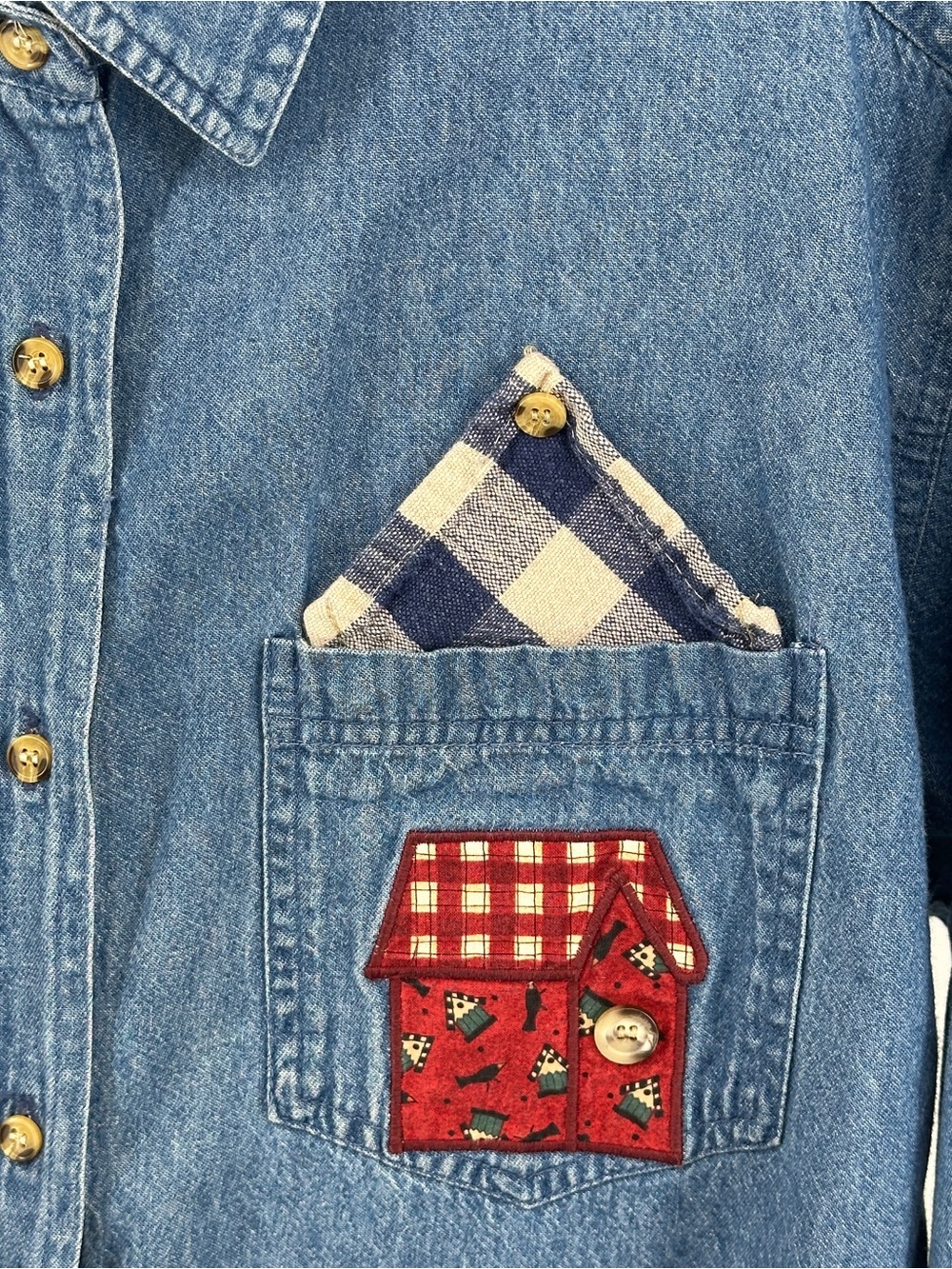 Vintage Medium Denim Button-Up Shirt Patchwork Embroidered Blue Americana - Picture 4 of 9